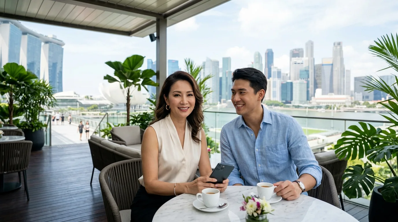 Poised Singapore Sugar Mummy holding smartphone with younger man over espresso at a sunlit Marina Bay hotel terrace