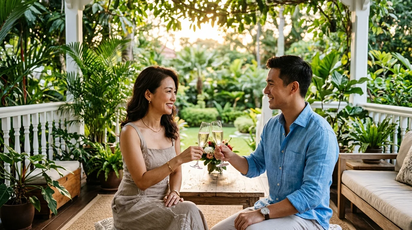 Glamorous Singapore Sugar Mummy and younger man clinking champagne flutes on a leafy sunlit colonial terrace in Holland Village Bukit Timah