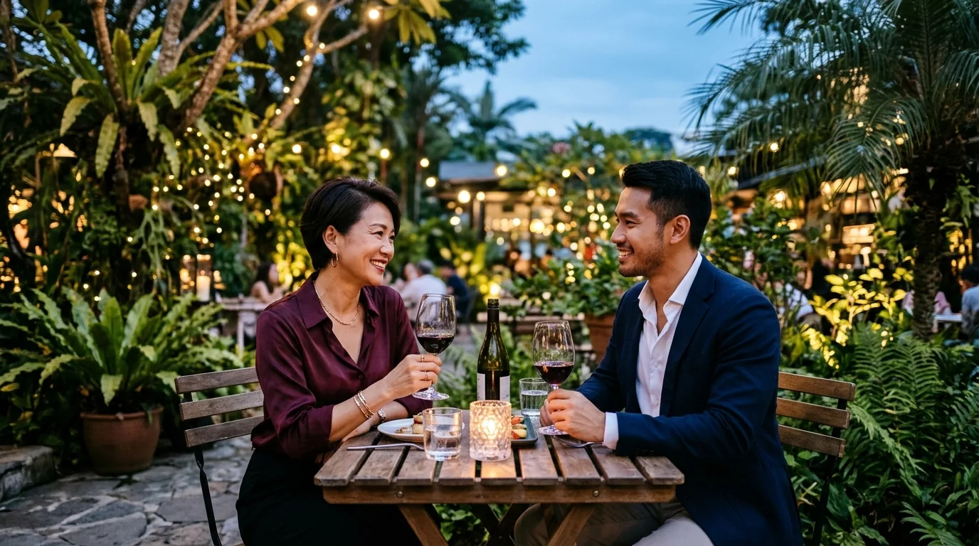 Sophisticated Singapore Sugar Mummy and younger man enjoying red wine at a candlelit Dempsey Hill garden terrace