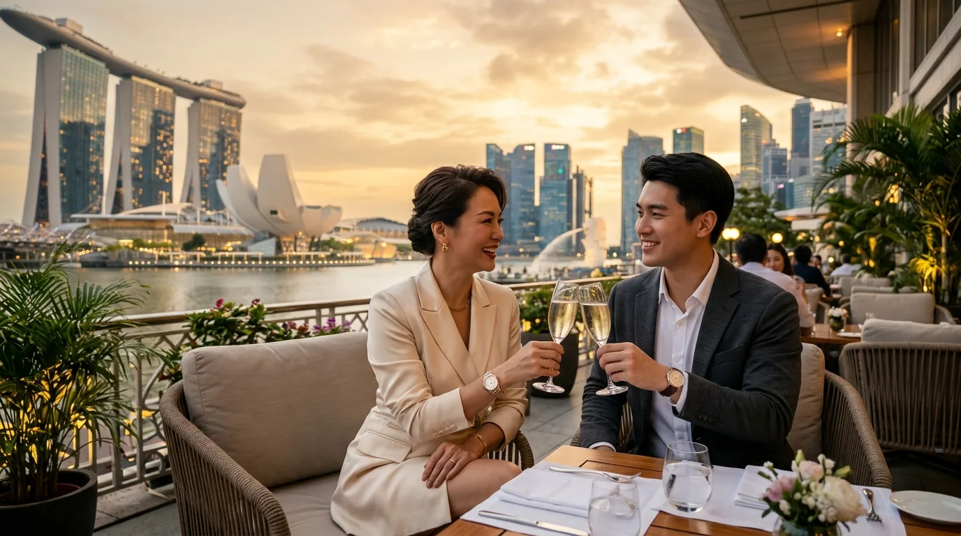 Accomplished Singapore Sugar Mummy and younger man toasting with champagne overlooking Marina Bay sunset