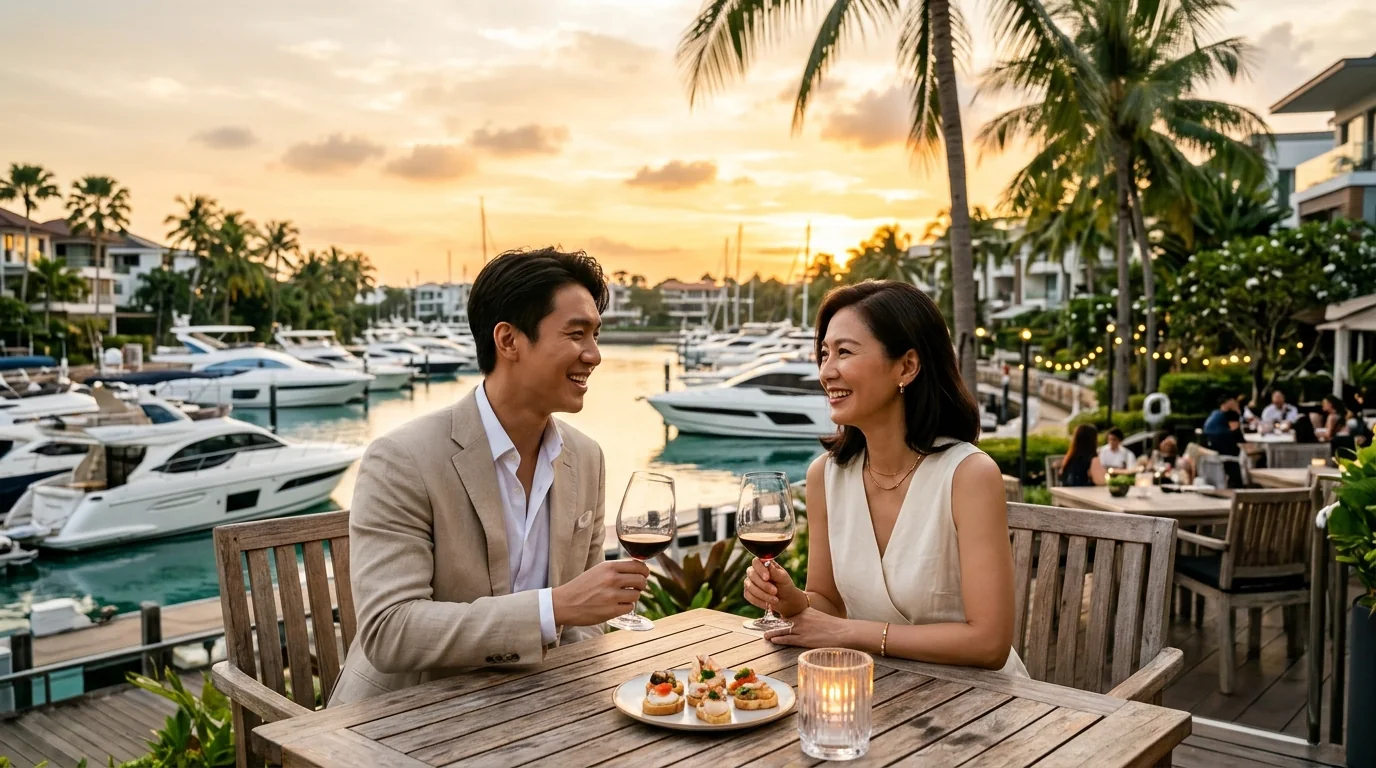 Elegant Singapore Sugar Mummy and younger gentleman enjoying sunset red wine overlooking yachts at Sentosa Cove marina