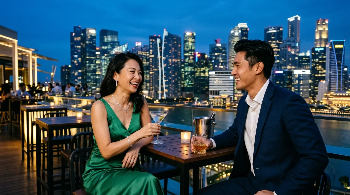 Radiant Singapore Sugar Mummy in emerald dress laughing with handsome younger Sugar Boy at a rooftop bar overlooking the city skyline